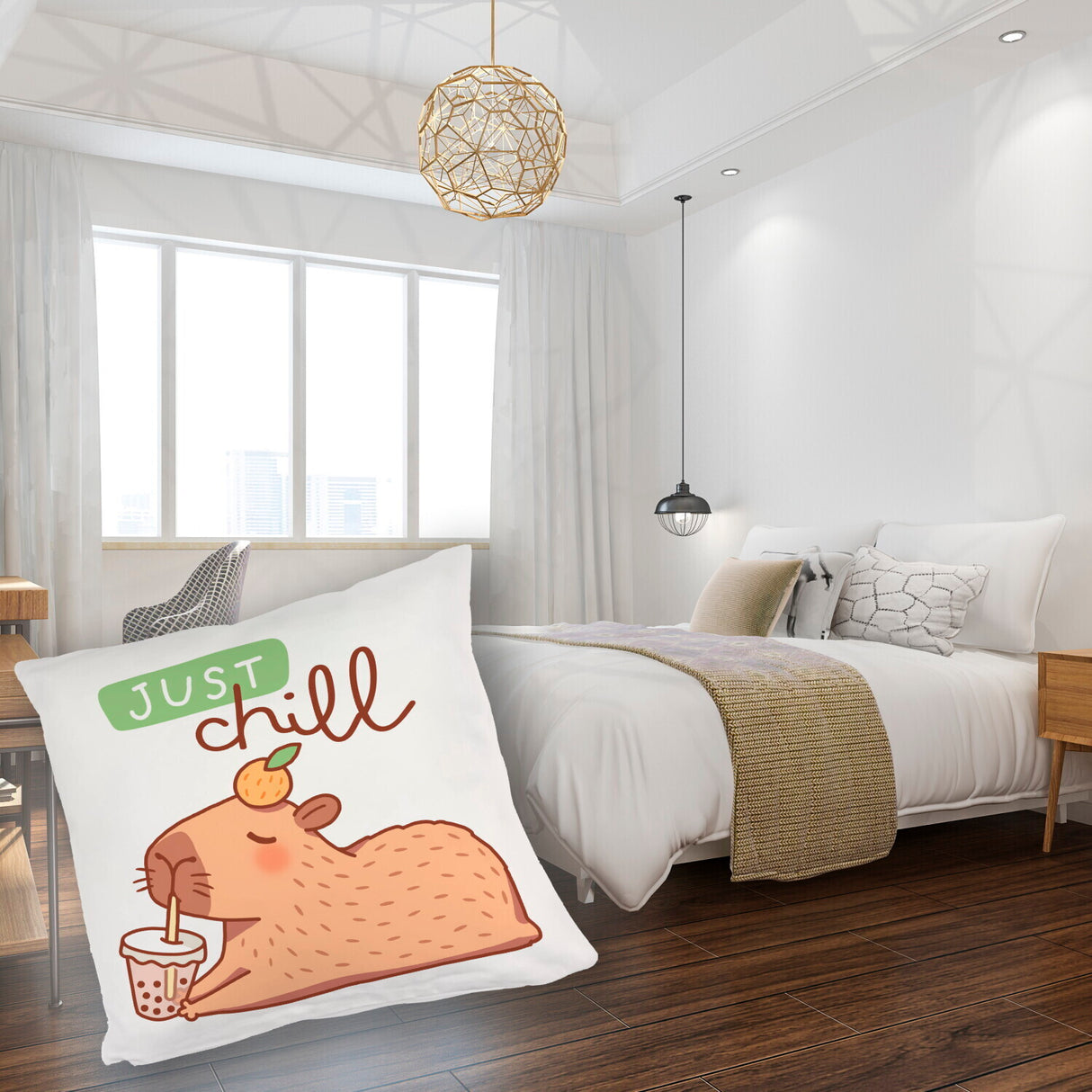 Capybara mit Bubble Tea Kissen mit Spruch Just Chill