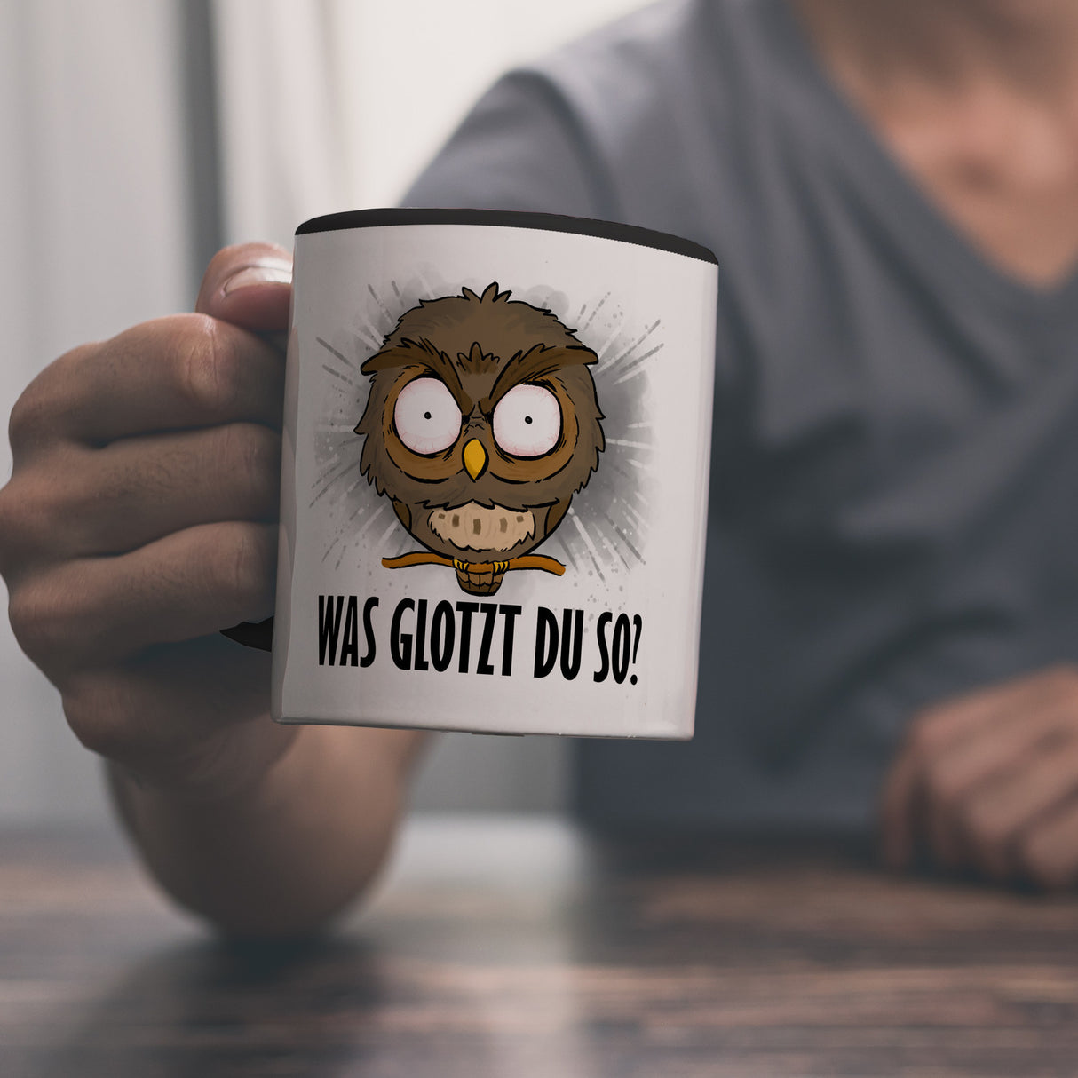 Eule Kaffeebecher mit Spruch Was glotzt du so?