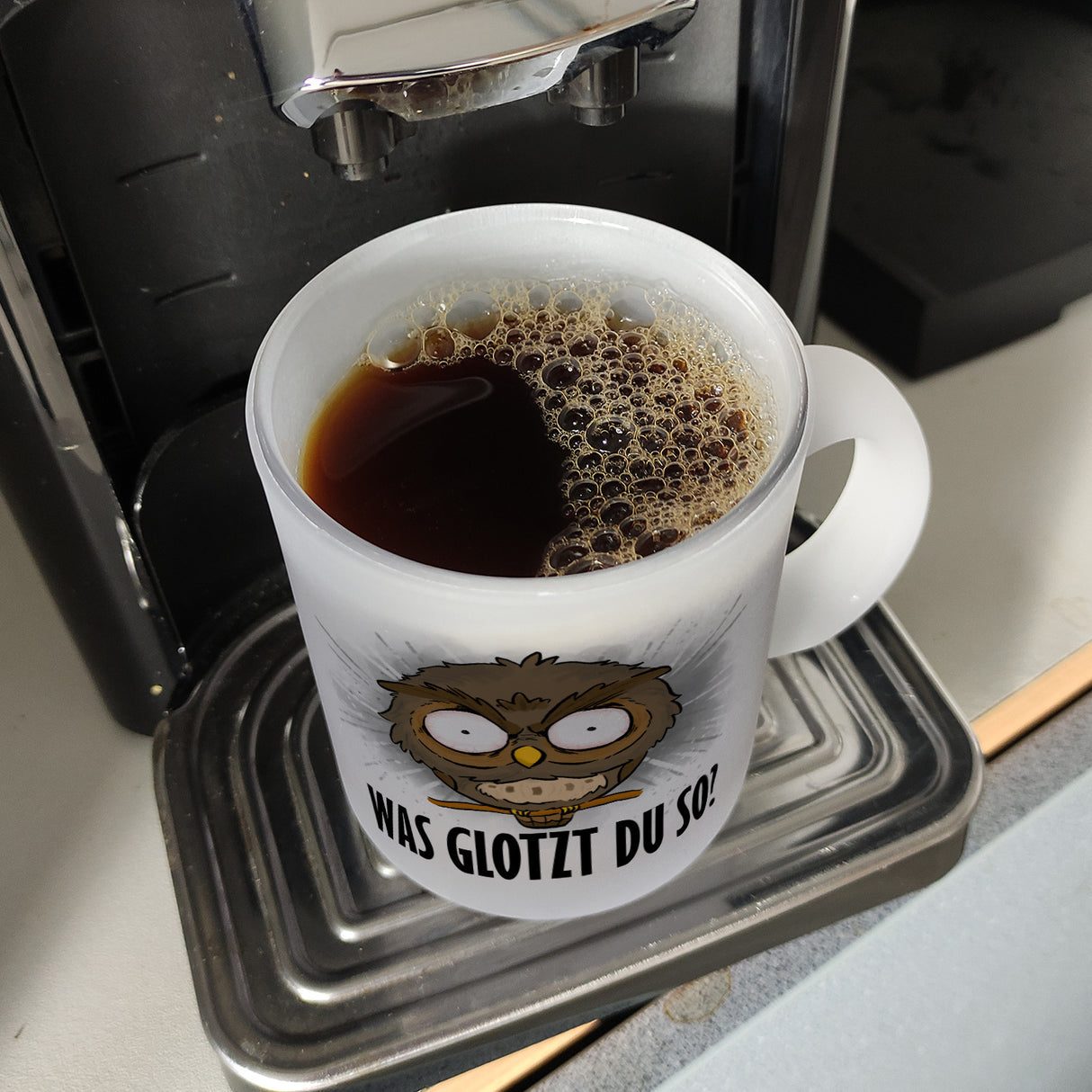 Eule Kaffeebecher mit Spruch Was glotzt du so?