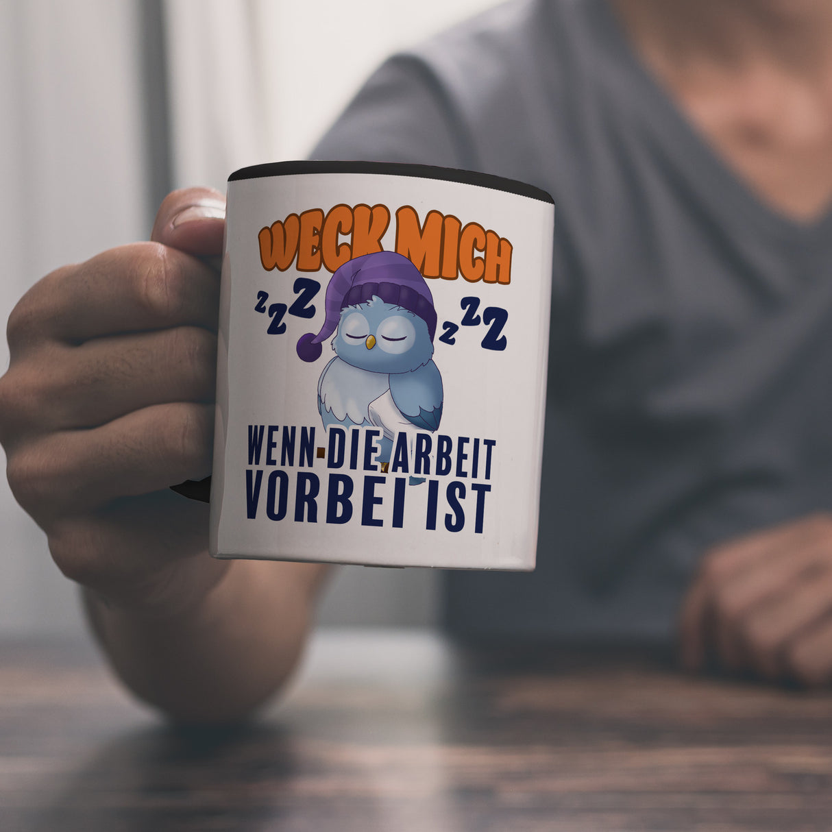 Schlafende Eule Kaffeebecher mit Spruch Weck mich wenn die Arbeit vorbei ist