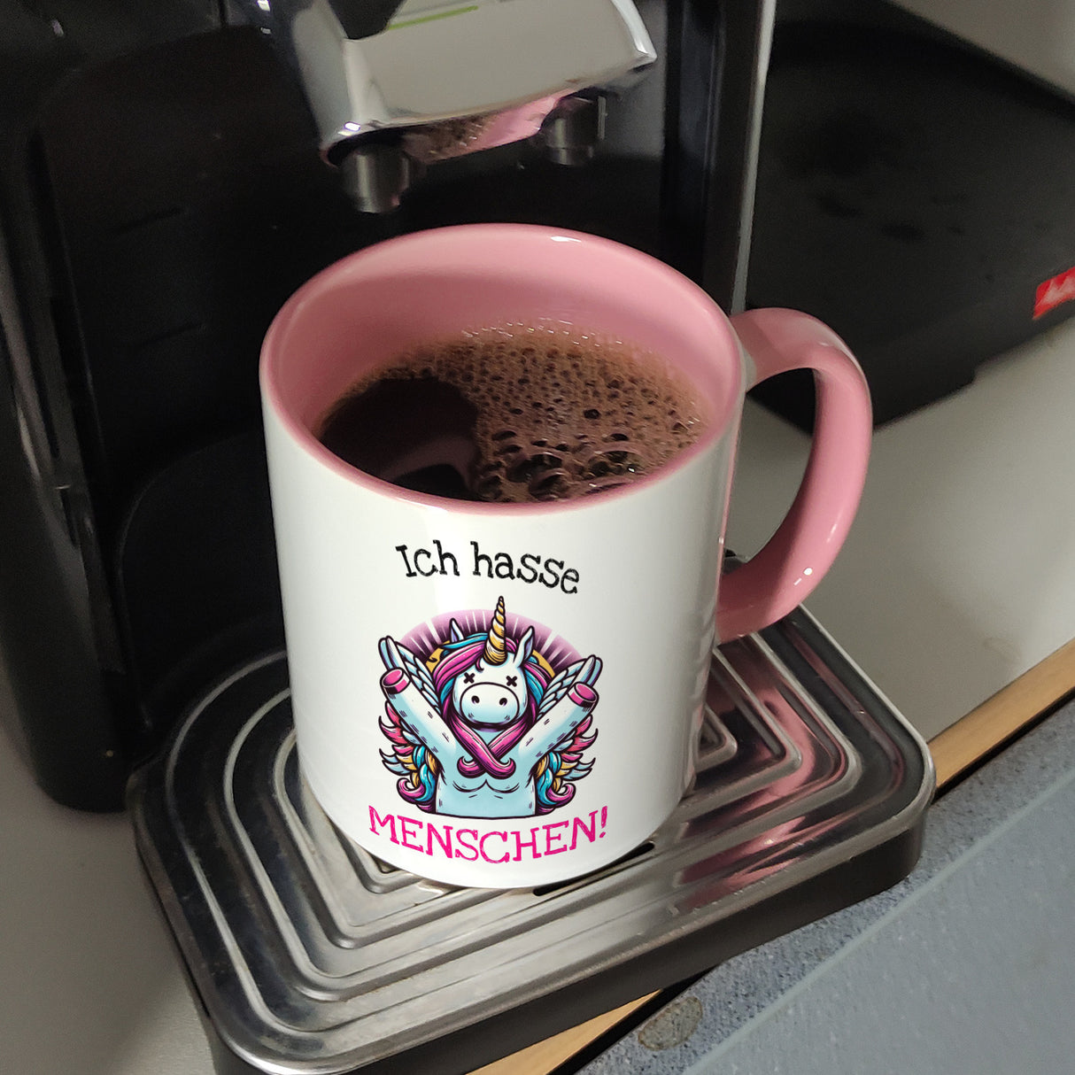Einhorn Kaffeebecher mit Spruch Ich hasse Menschen!