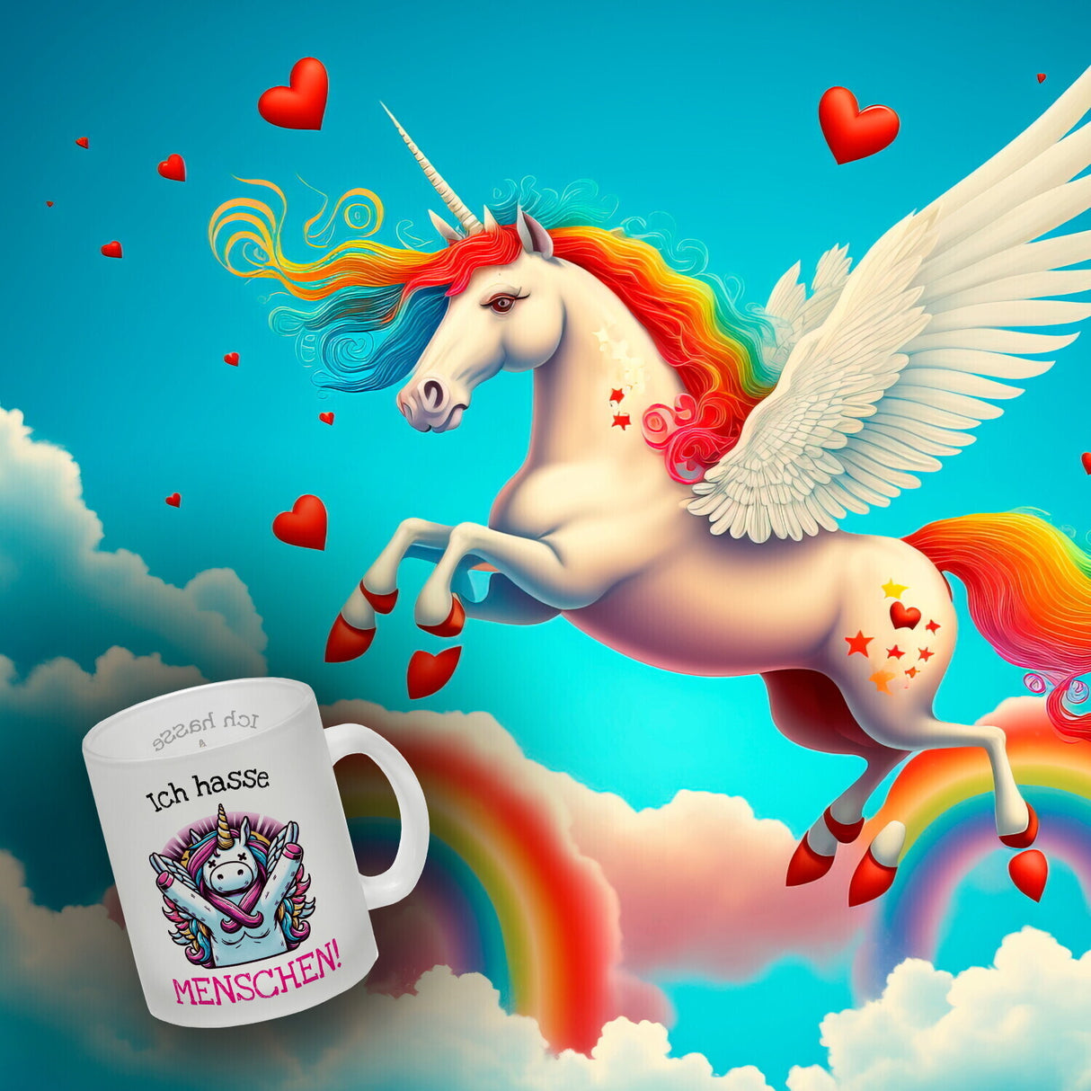 Einhorn Kaffeebecher mit Spruch Ich hasse Menschen!