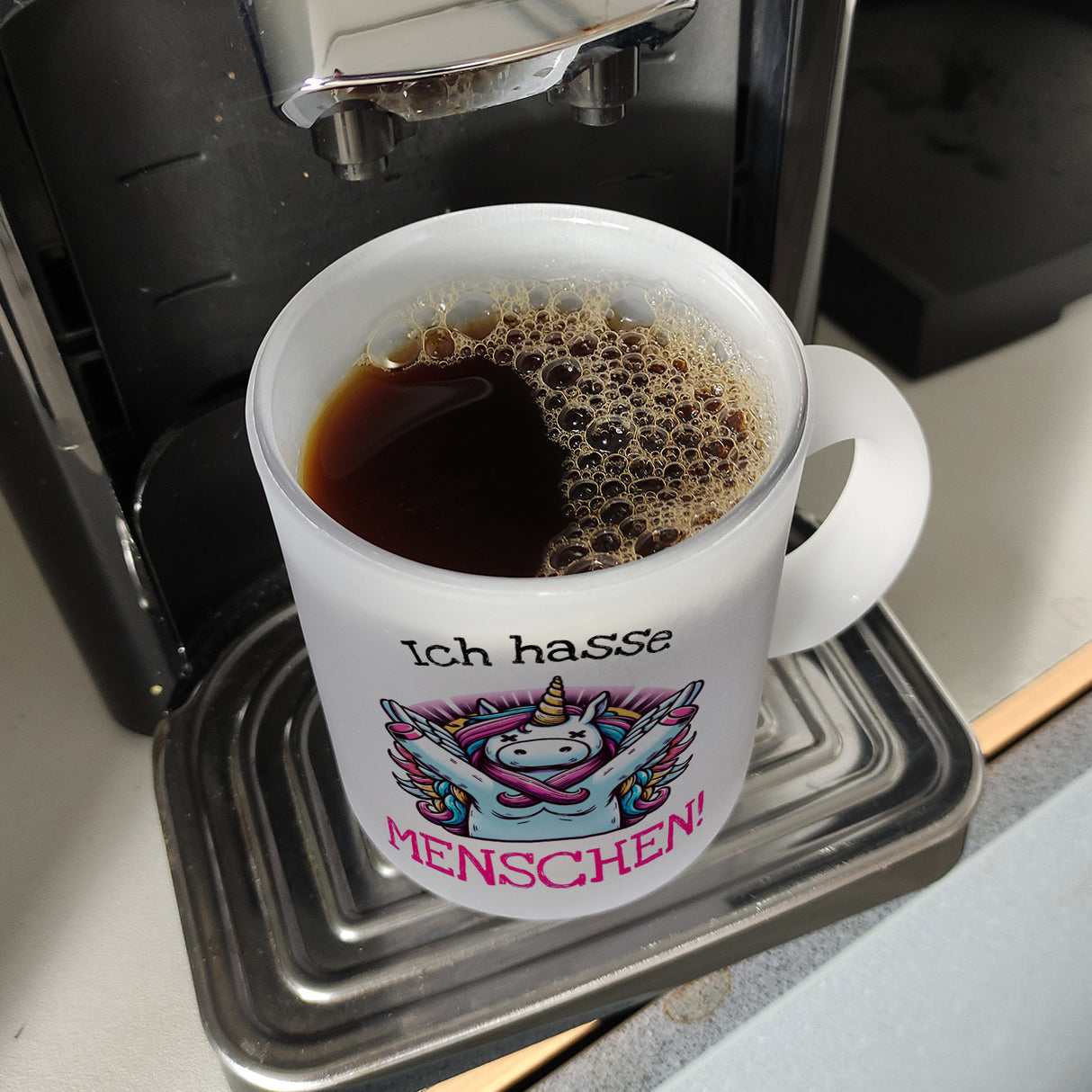 Einhorn Kaffeebecher mit Spruch Ich hasse Menschen!