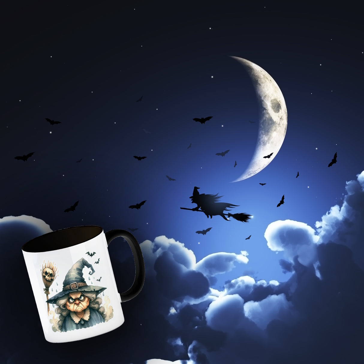 Böse Hexe mit Fledermäusen Kaffeebecher