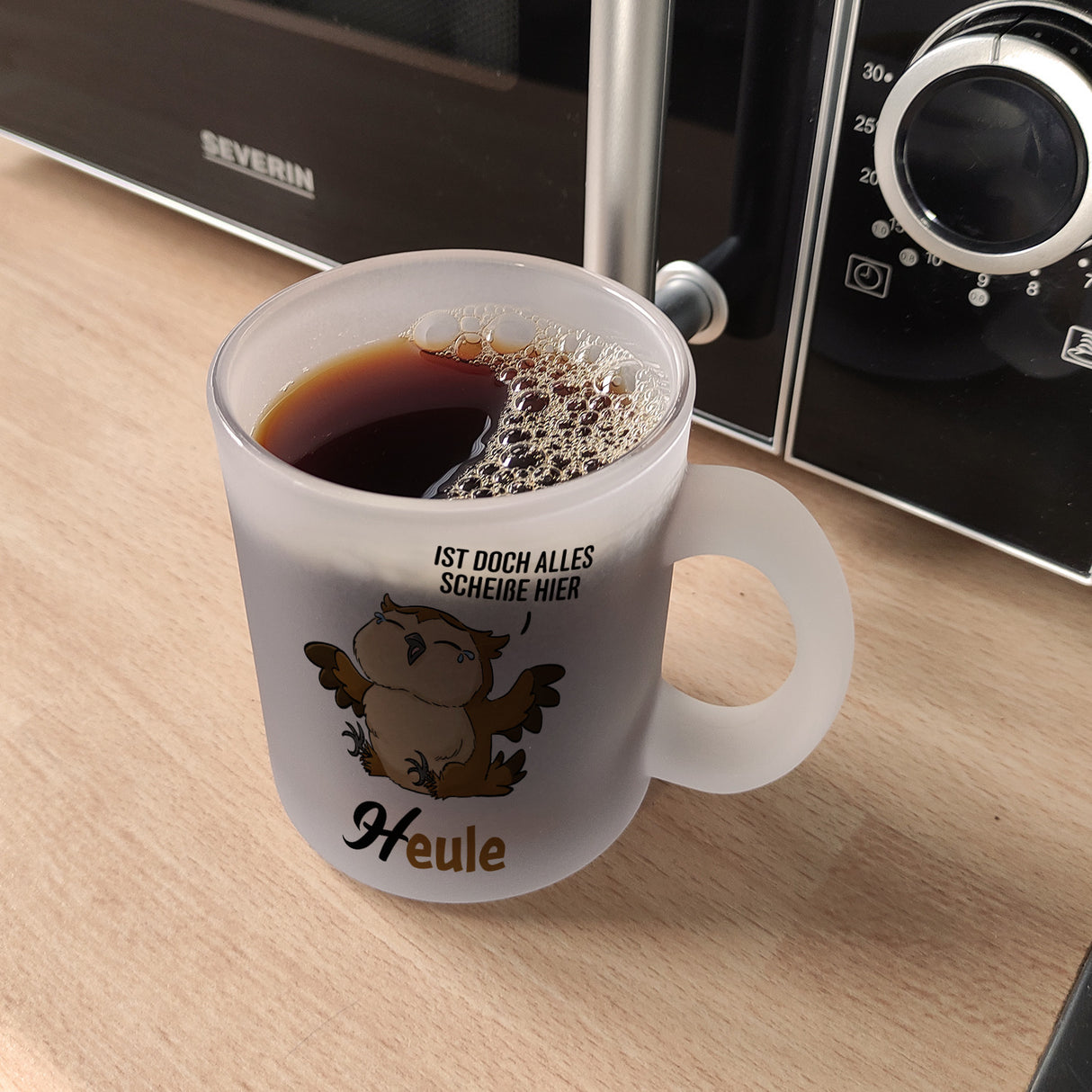 Eule - Heule Kaffeebecher mit Spruch Ist doch alles scheiße hier