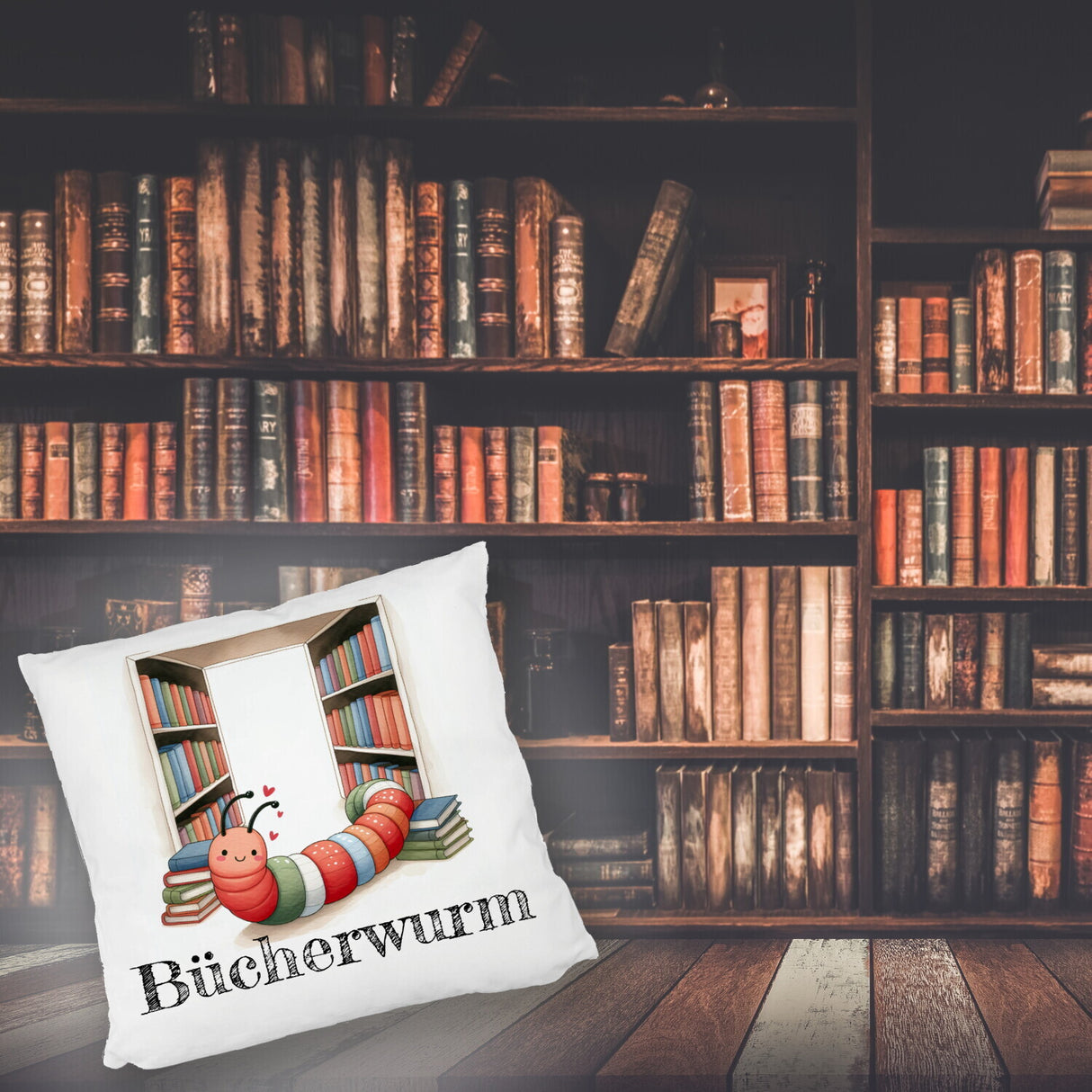 Bücherwurm Kissen mit Wurm in der Bibliothek