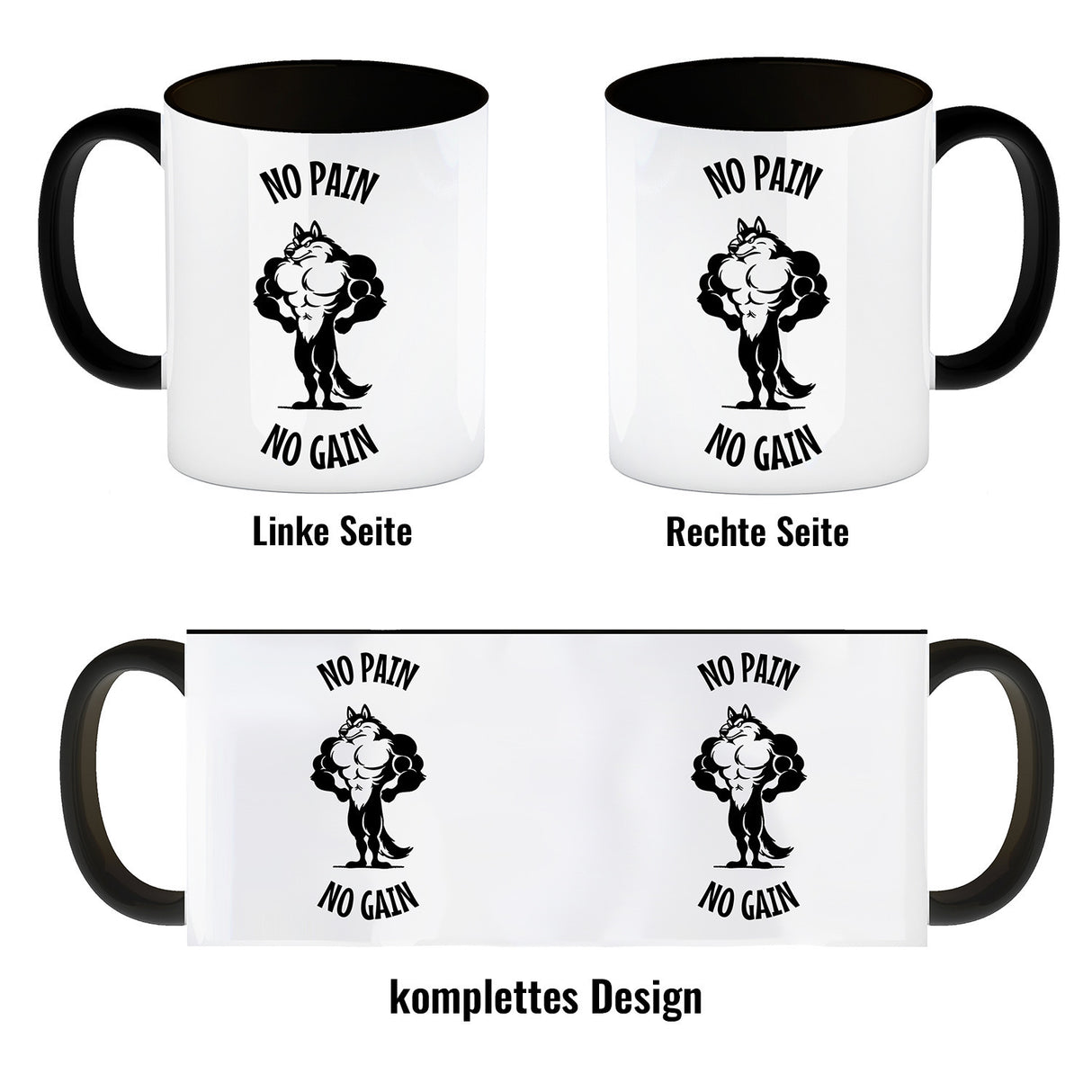 Muskulöser Fitness-Wolf Kaffeebecher mit Spruch NO PAIN NO GAIN