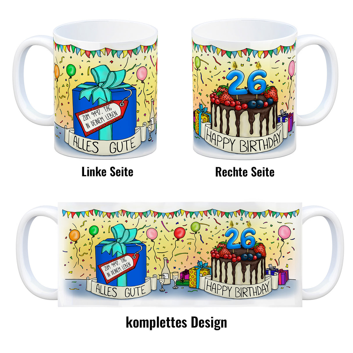 26. Geburtstag Tasse mit Kuchen und Geschenk und Anhänger: zum 9497. Tag