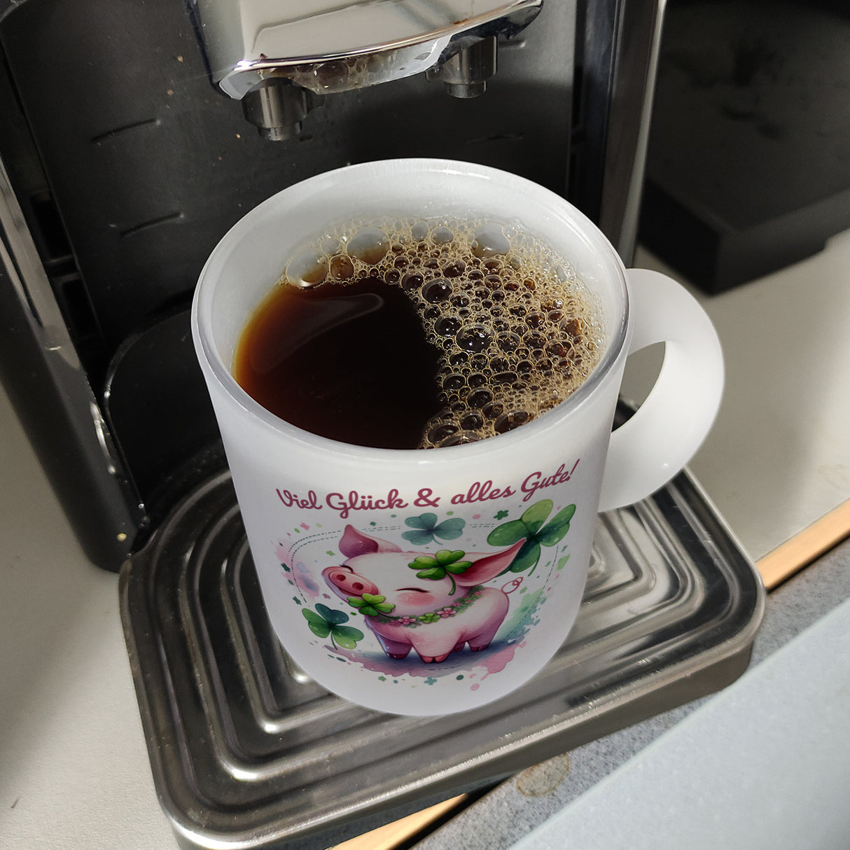 Glücksschwein Kaffeebecher mit Spruch Spruch Viel Glück & alles Gute!