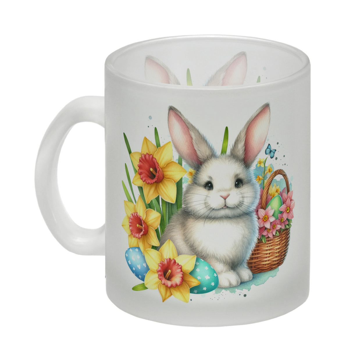 Osterhase neben Osterkorb Kaffeebecher