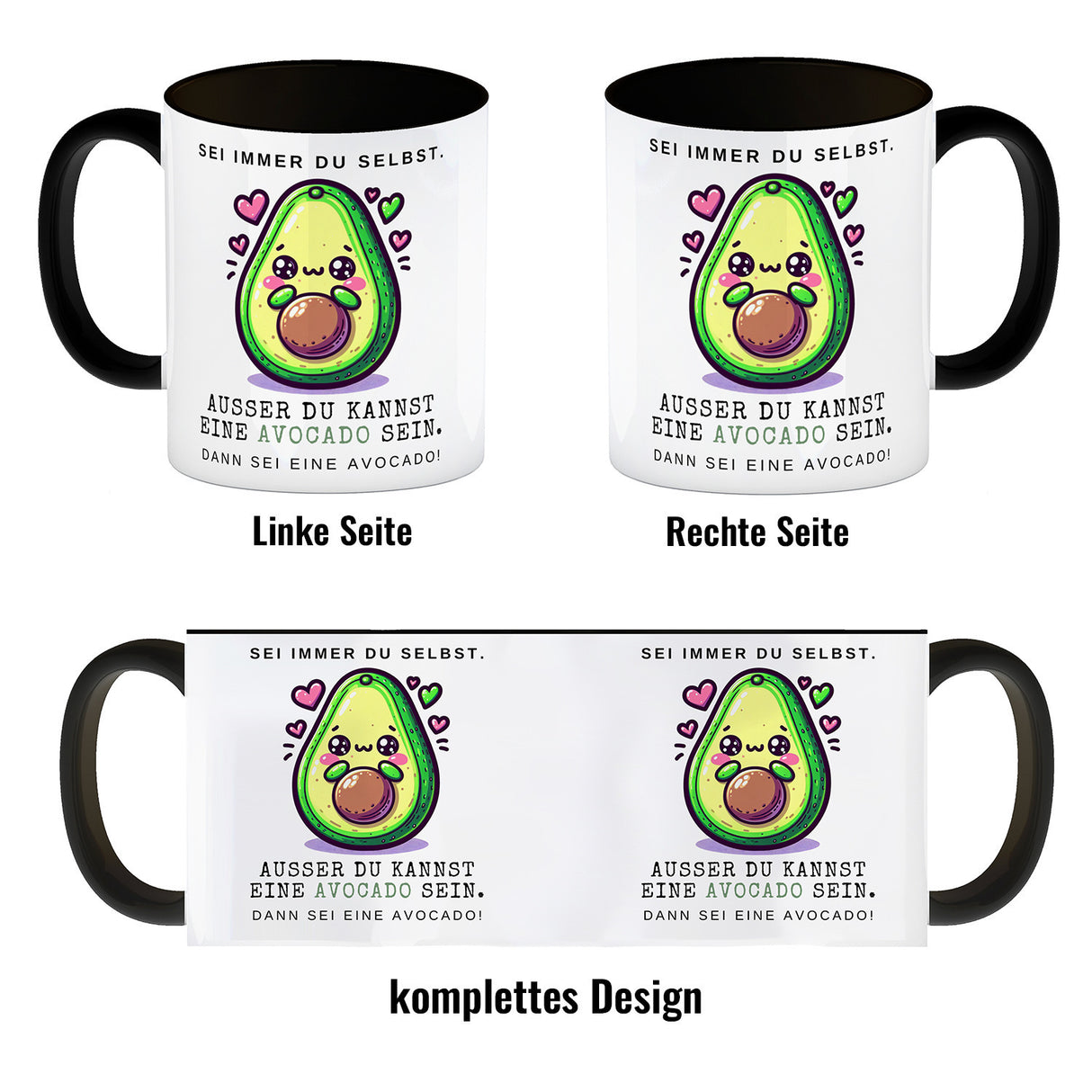 Avocado im Kawaii-Stil Kaffeebecher mit Spruch Sei du selbst oder Avocado