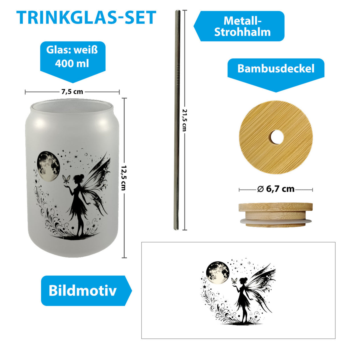 Fee im Mondschein Trinkglas mit Bambusdeckel