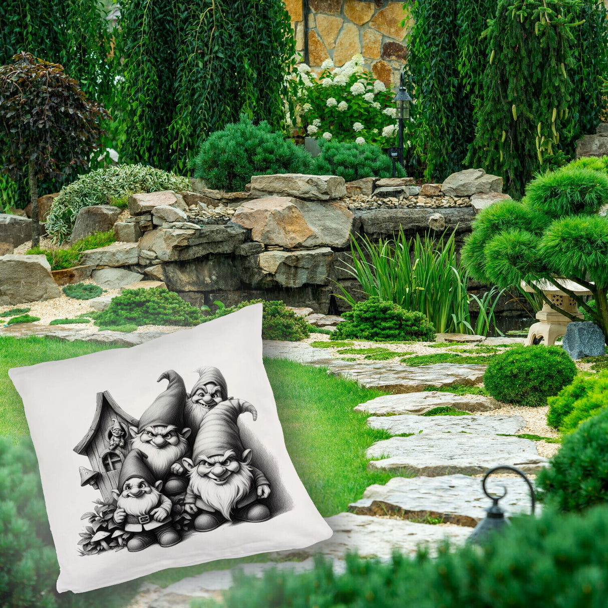 Freche Gartenzwerge mit kleinem Haus Kissen
