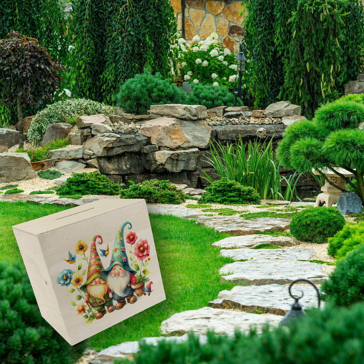 Gartenzwerge mit Blumen Spardose