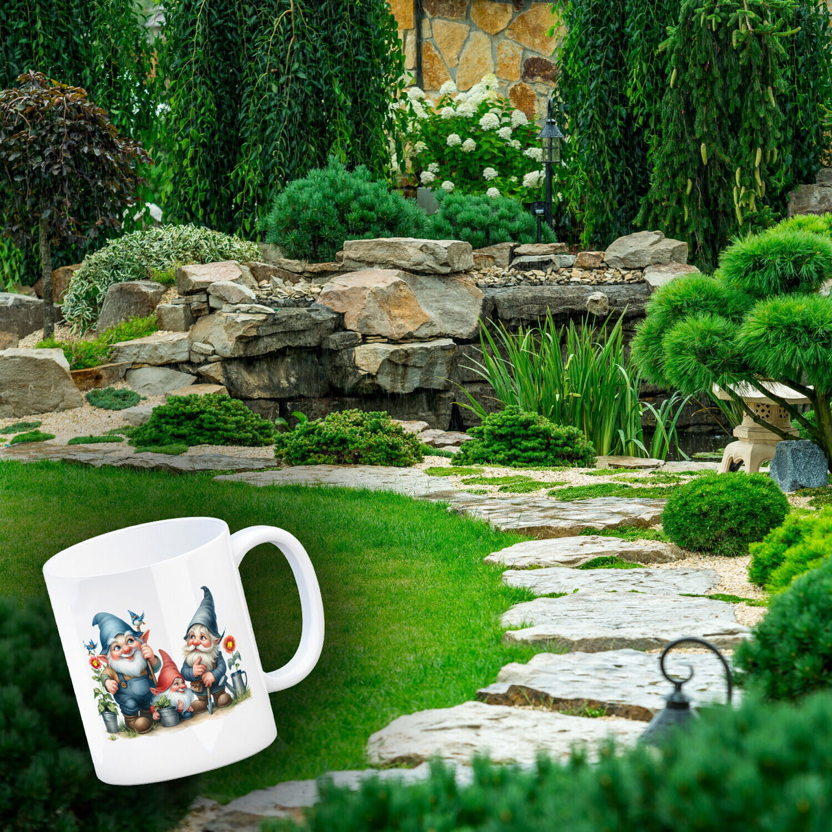 Gartenzwerge mit Zipfelmützen Kaffeebecher