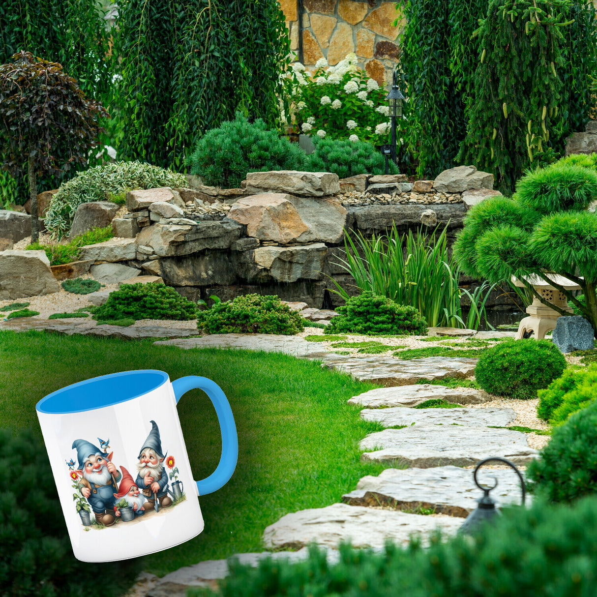 Gartenzwerge mit Zipfelmützen Kaffeebecher