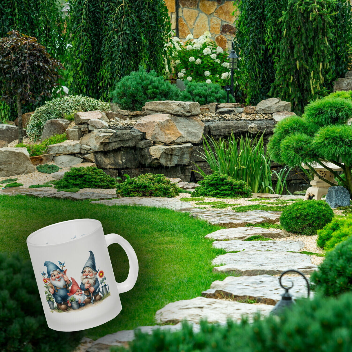 Gartenzwerge mit Zipfelmützen Kaffeebecher