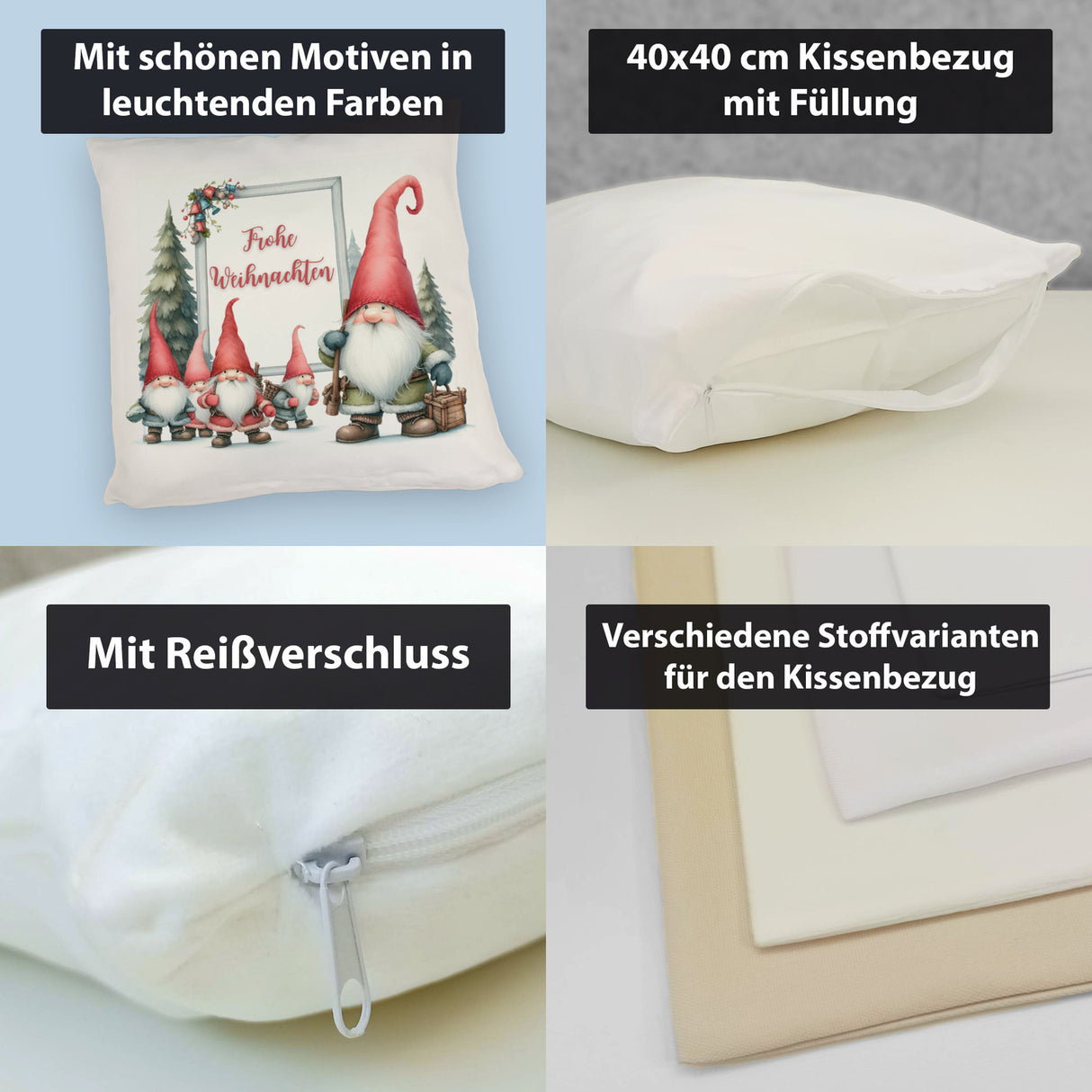 Weihnachts-Kobolde Kissen mit Spruch Frohe Weihnachten