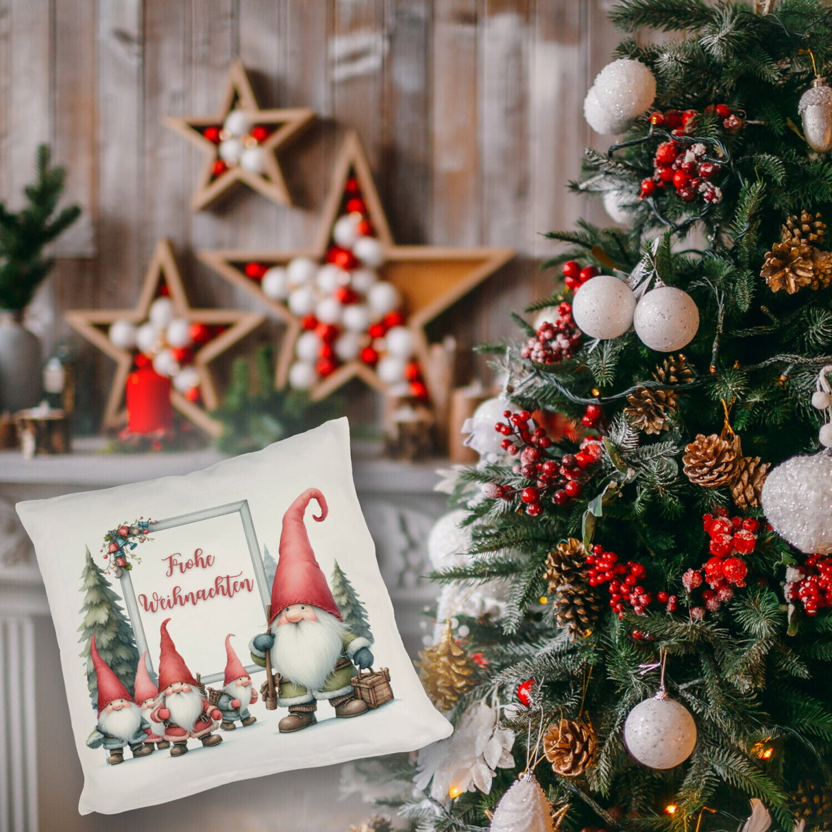 Weihnachts-Kobolde Kissen mit Spruch Frohe Weihnachten