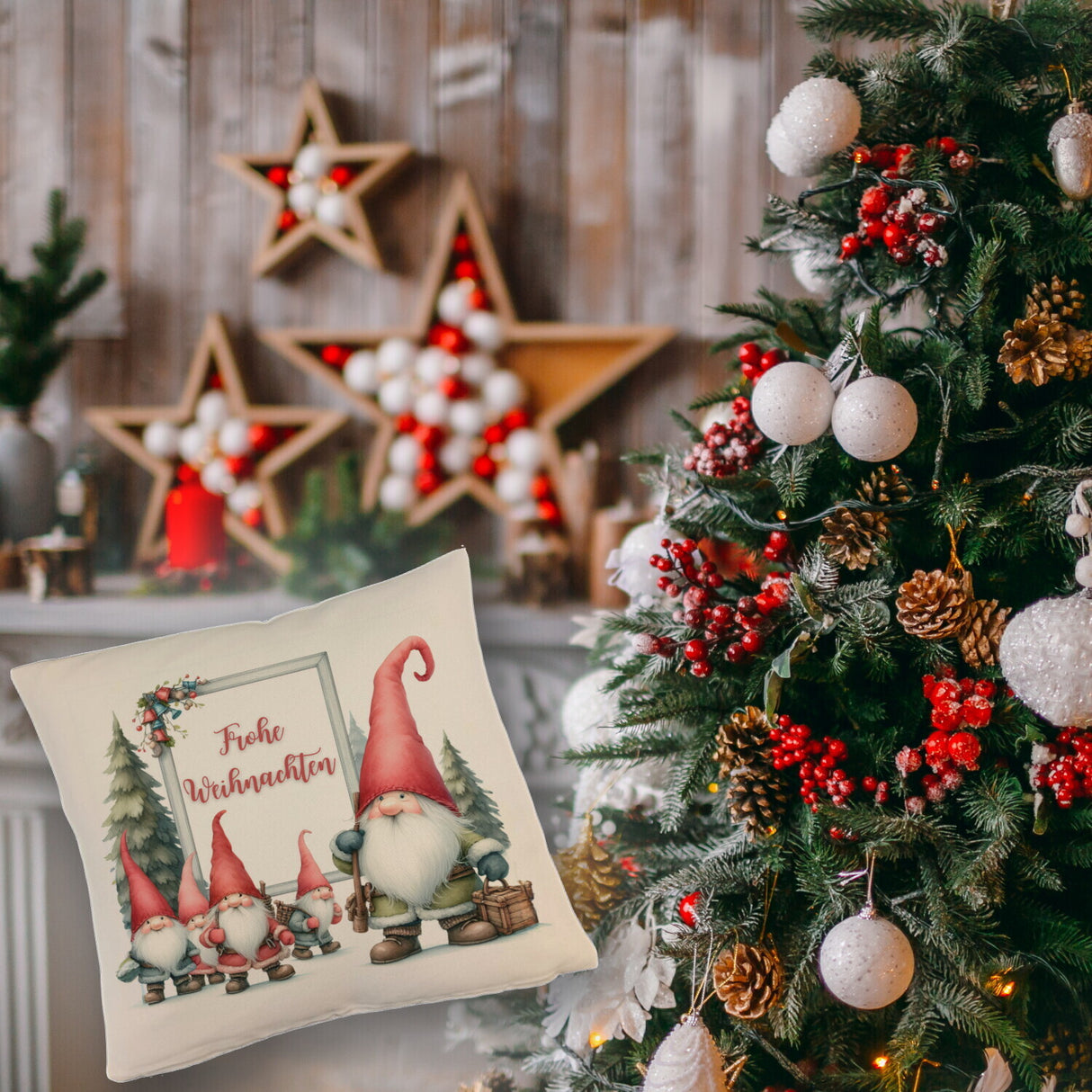 Weihnachts-Kobolde Kissen mit Spruch Frohe Weihnachten