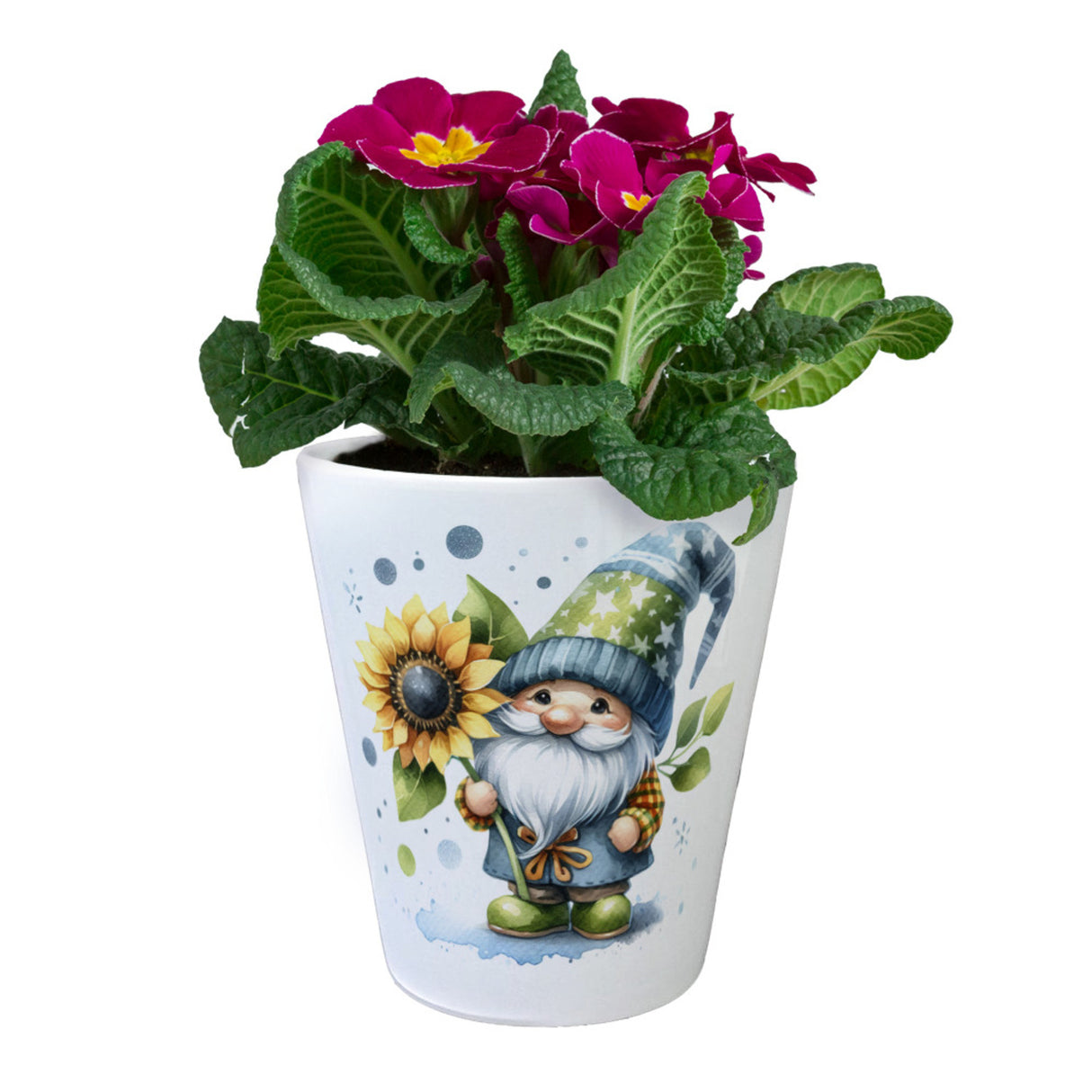 Gartenzwerg mit Sonnenblume Blumentopf