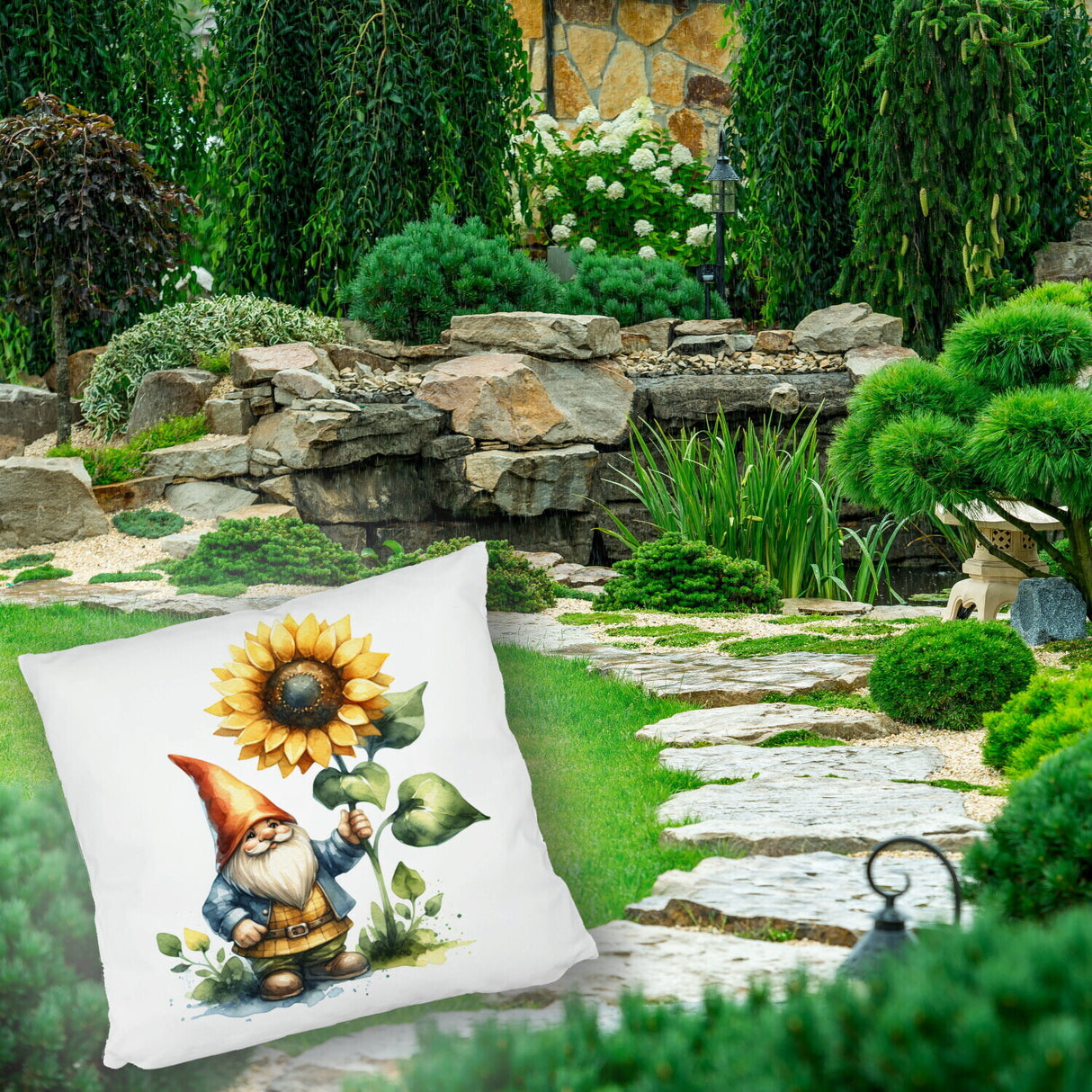 Gartenzwerg mit leuchtender Sonnenblume Kissen