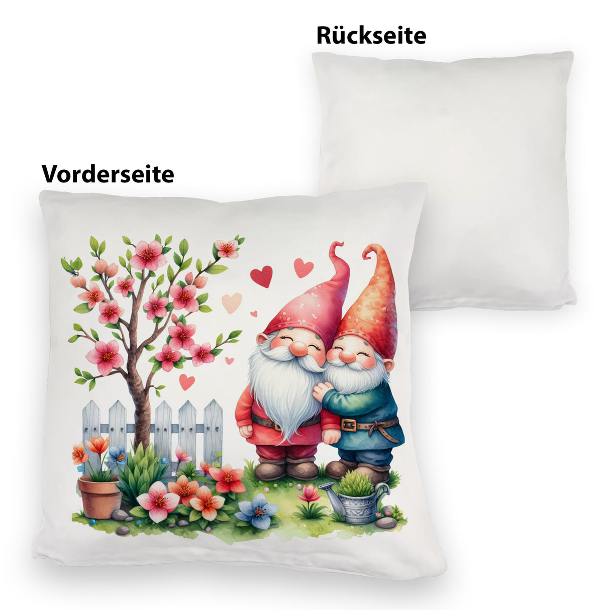 Verliebte Gartenzwerge mit Baum Kissen