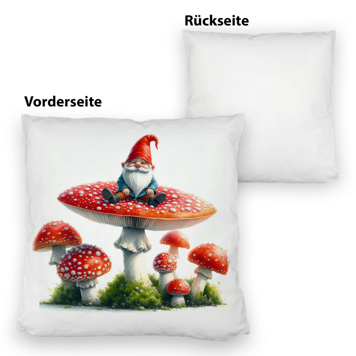 Gartenzwerg auf einem Fliegenpilz Kissen