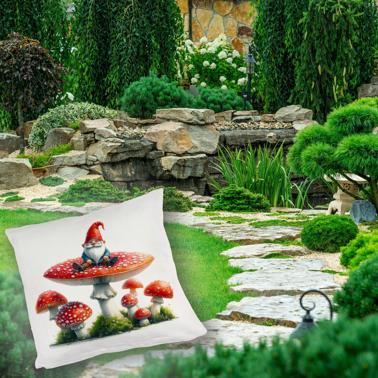 Gartenzwerg auf einem Fliegenpilz Kissen