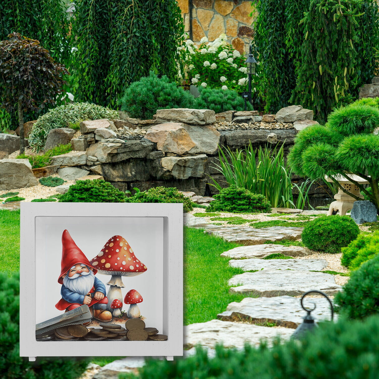 Gartenzwerg mit Fliegenpilz Spardose