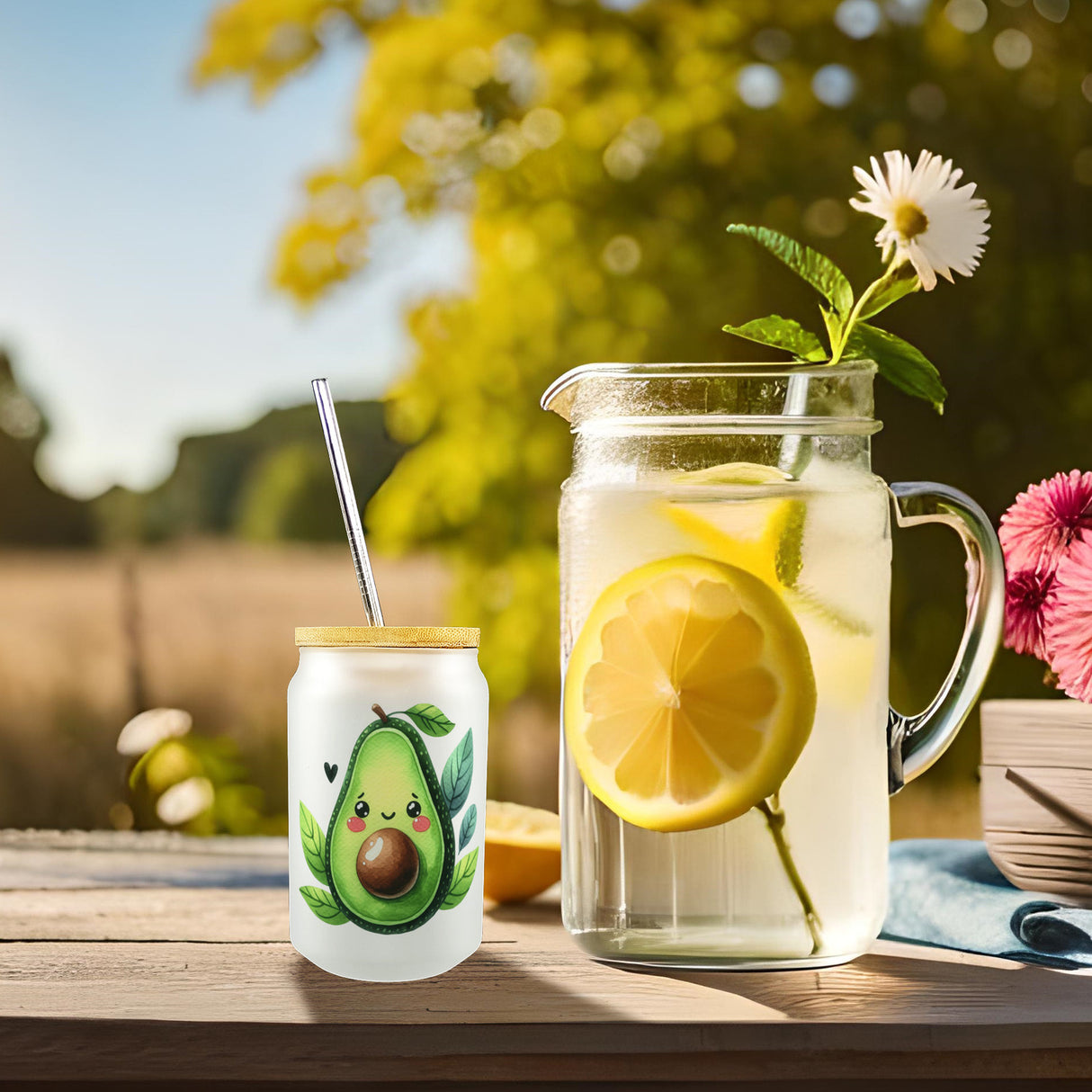 Lächelnde Avocado Trinkglas mit Bambusdeckel