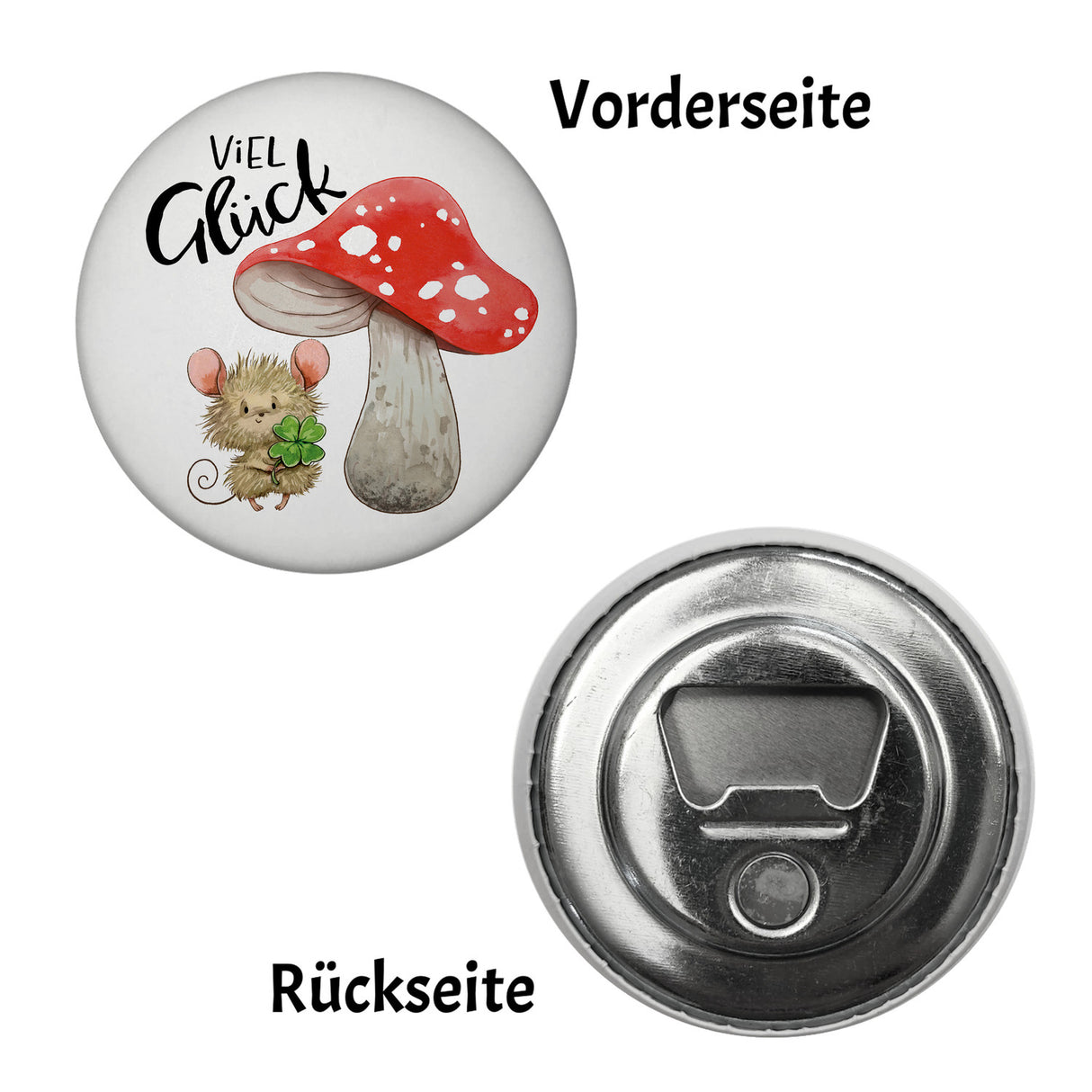 Maus mit Fliegenpilz Magnet rund mit Spruch Viel Glück