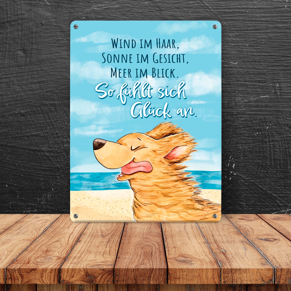 Hund Metallschild in 15x20 cm mit Spruch Wind Sonne Meer - pures Glück