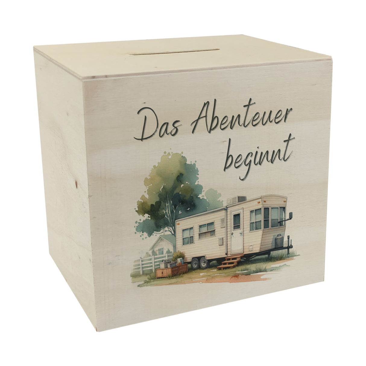Abenteuer Wohnwagen Spardose mit Spruch Das Abenteuer beginnt