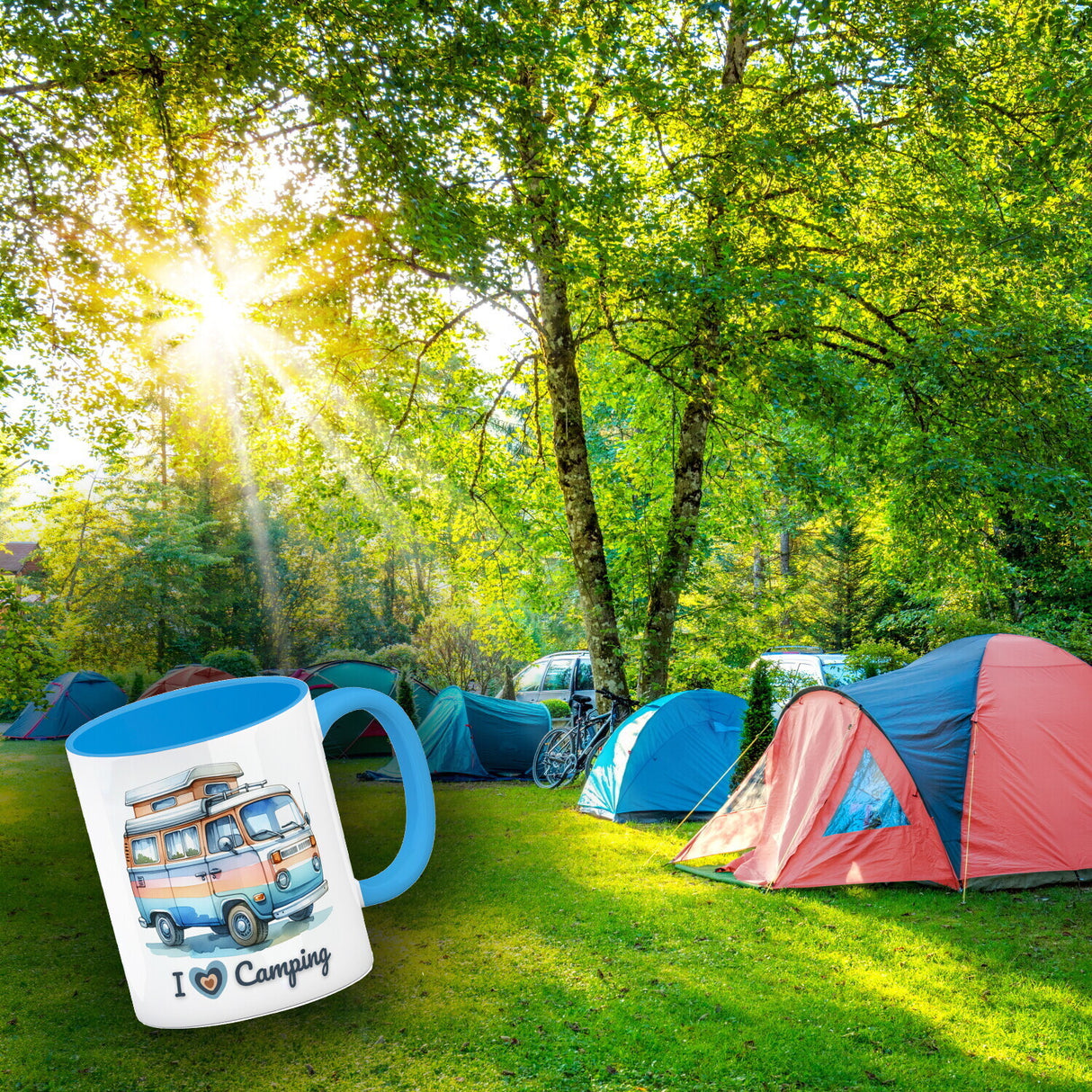 Campervan Kaffeebecher mit Spruch I love Camping