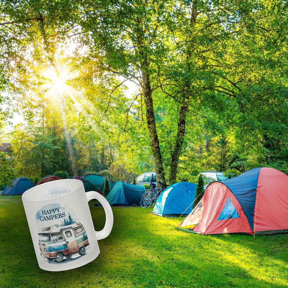 Campingwagen Kaffeebecher mit Spruch Happy Campers