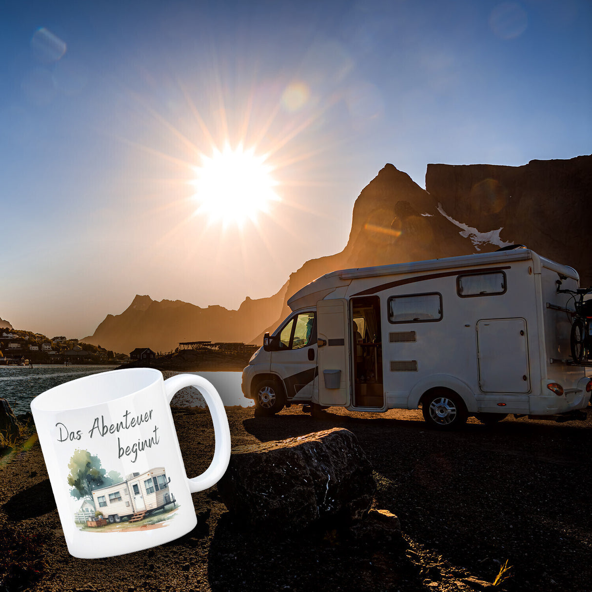 Wohnwagen Kaffeebecher mit Spruch Das Abenteuer beginnt