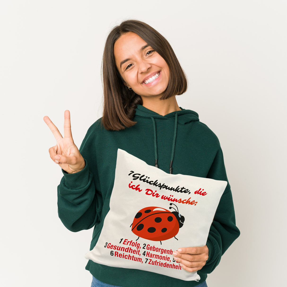 Marienkäfer Kissen mit Spruch Sieben Glückspunkte