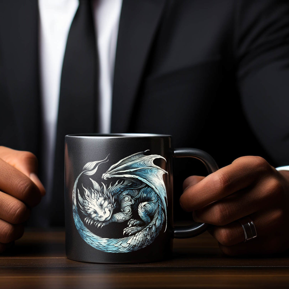 Schlafender Babydrache Tasse in Schwarz