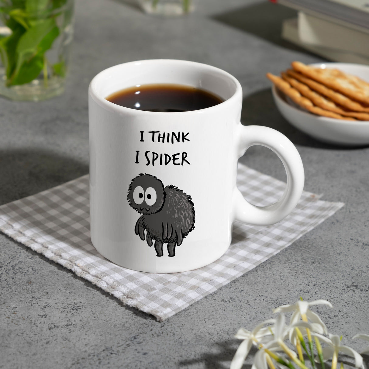 Hary die Spinne Kaffeebecher mit Spruch I think i spider