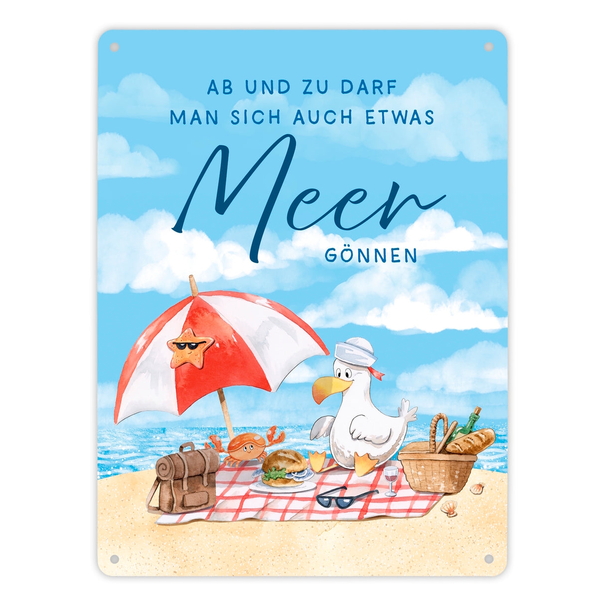 Möwe am Strand Metallschild in 15x20 cm mit Spruch Manchmal Meer gönnen