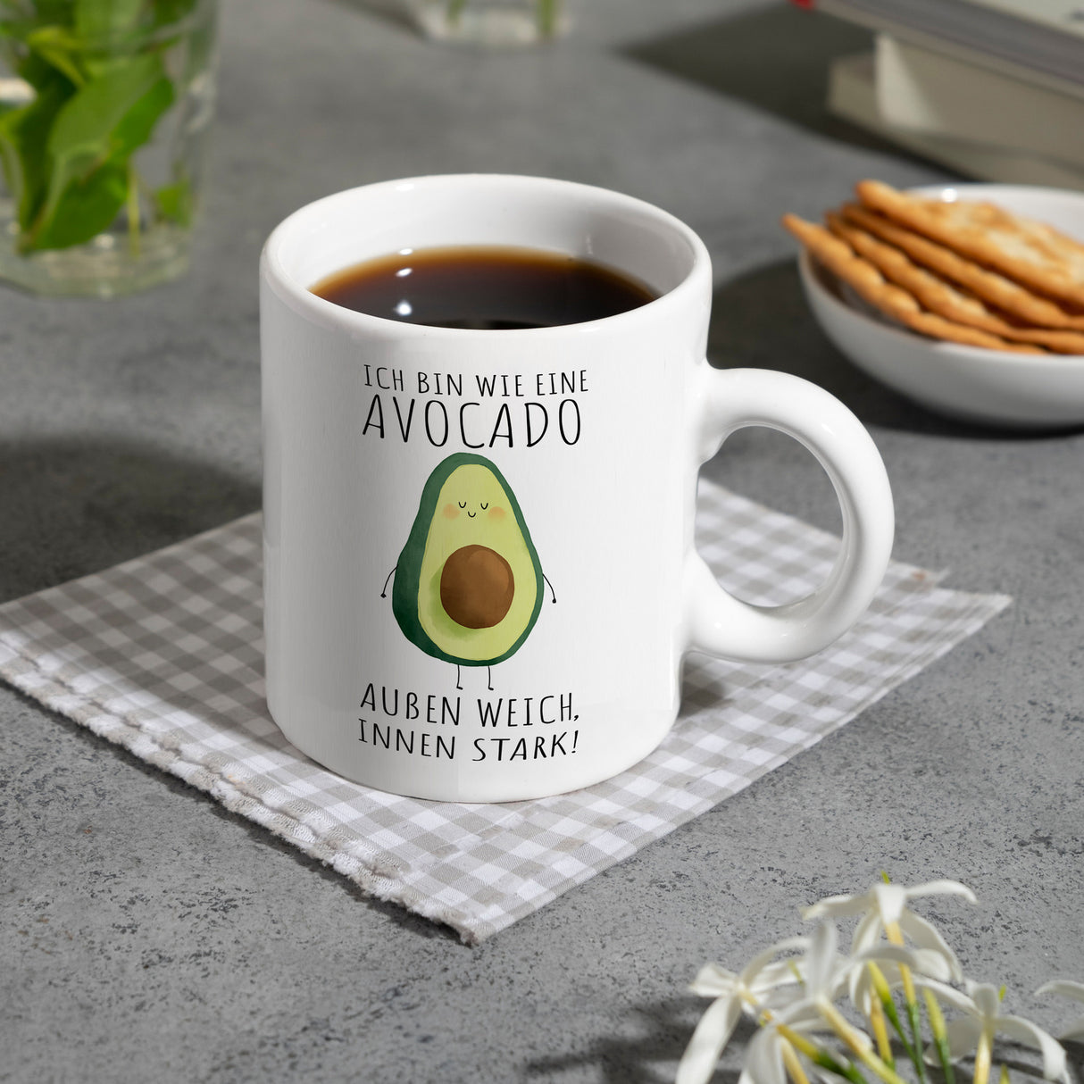 Avocado Kaffeebecher mit Spruch Außen weich innen stark wie Avocado