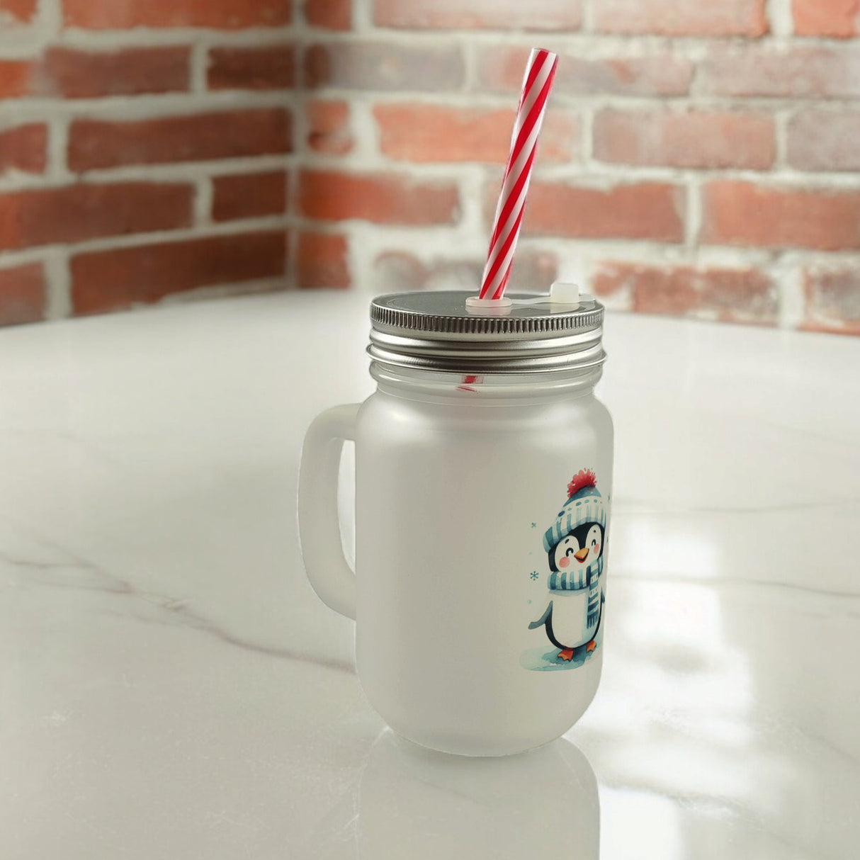 lustiger Pinguin Trinkglas mit Bambusdeckel