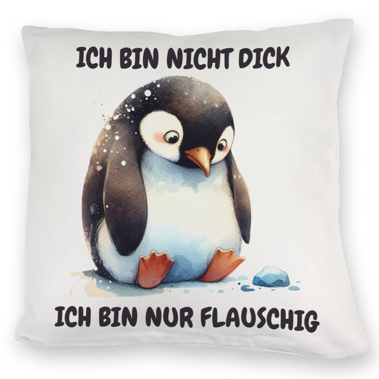 Flauschiger Pinguin Kissen mit Spruch Nicht dick sondern flauschig