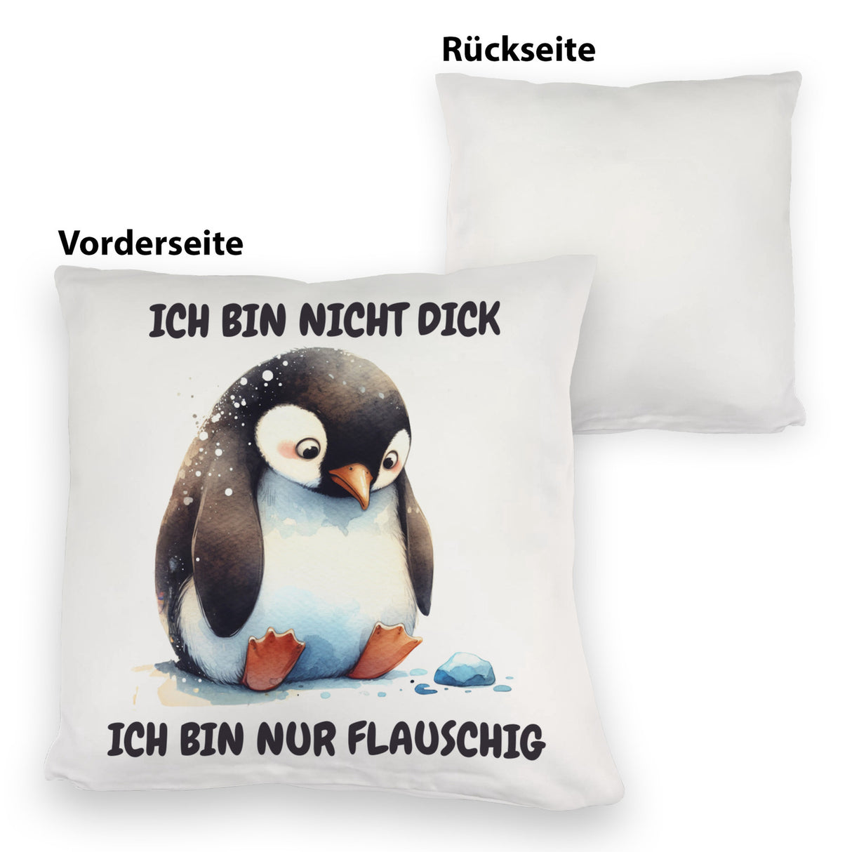 Flauschiger Pinguin Kissen mit Spruch Nicht dick sondern flauschig