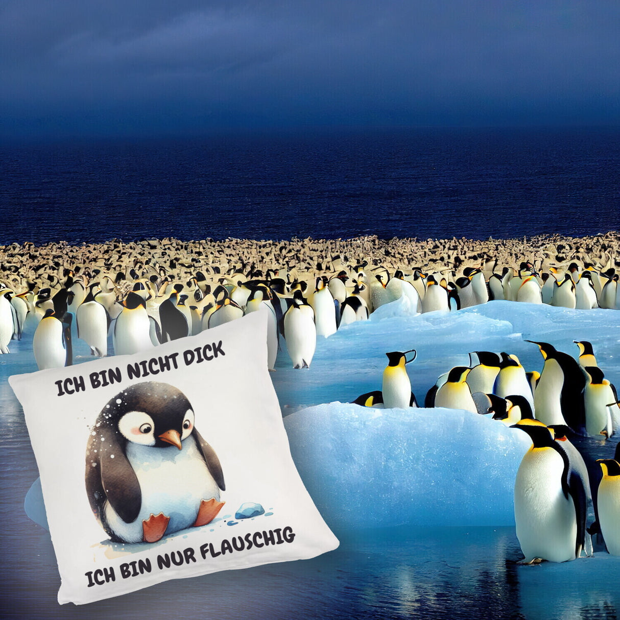 Flauschiger Pinguin Kissen mit Spruch Nicht dick sondern flauschig