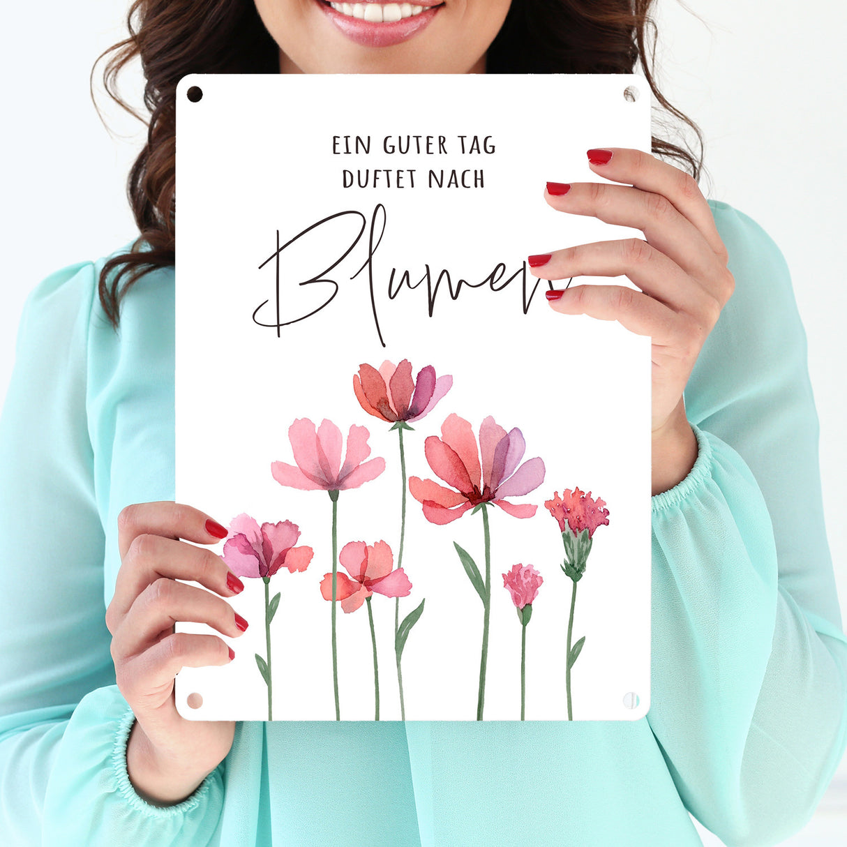 Aquarell Blumen Metallschild in 15x20 cm mit Spruch Ein guter Tag duftet nach Blumen