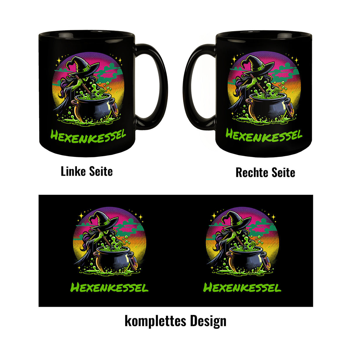 Hexe Tasse in Schwarz mit Spruch Hexenkessel