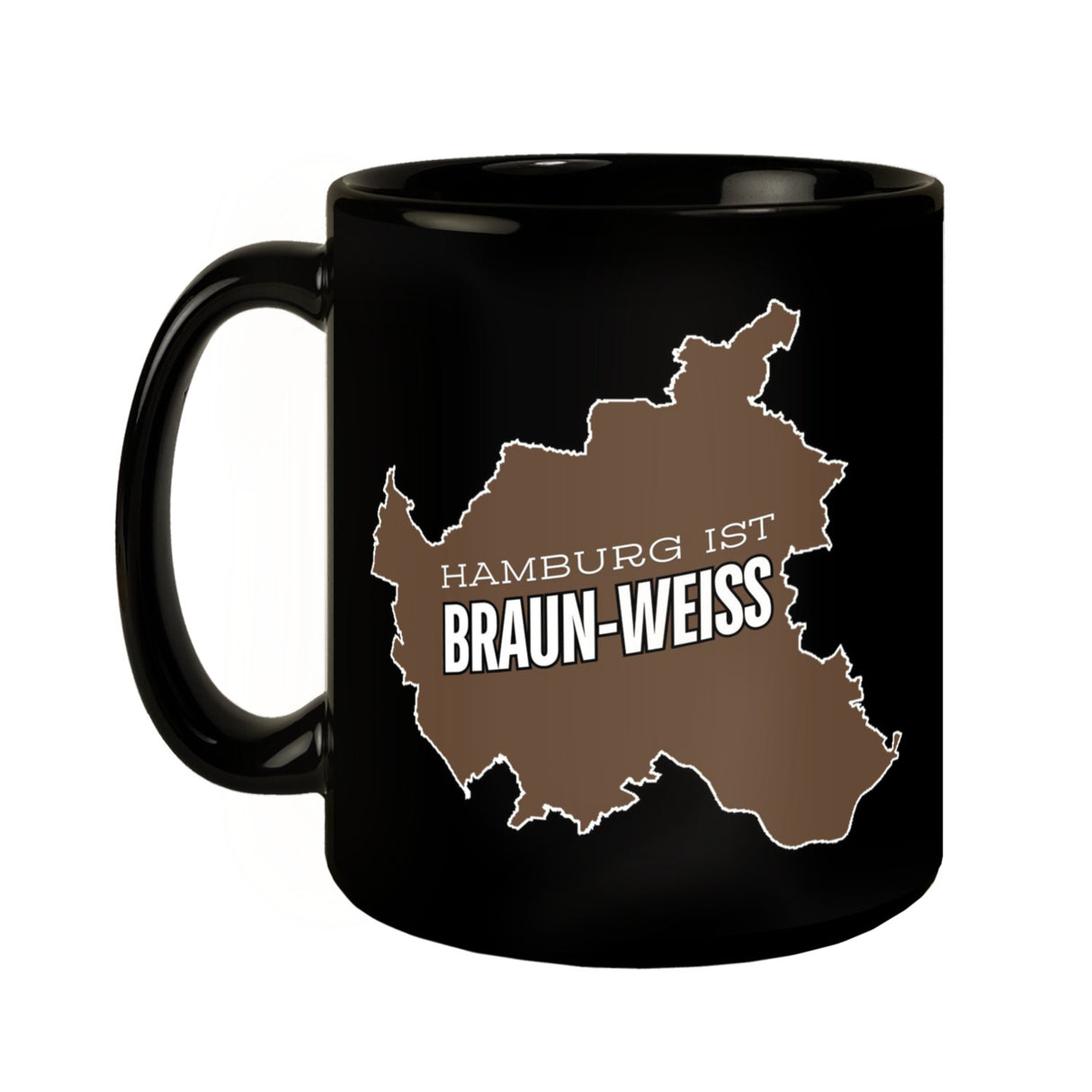 St. Pauli Tasse in Schwarz mit Spruch Hamburg ist braun-weiss