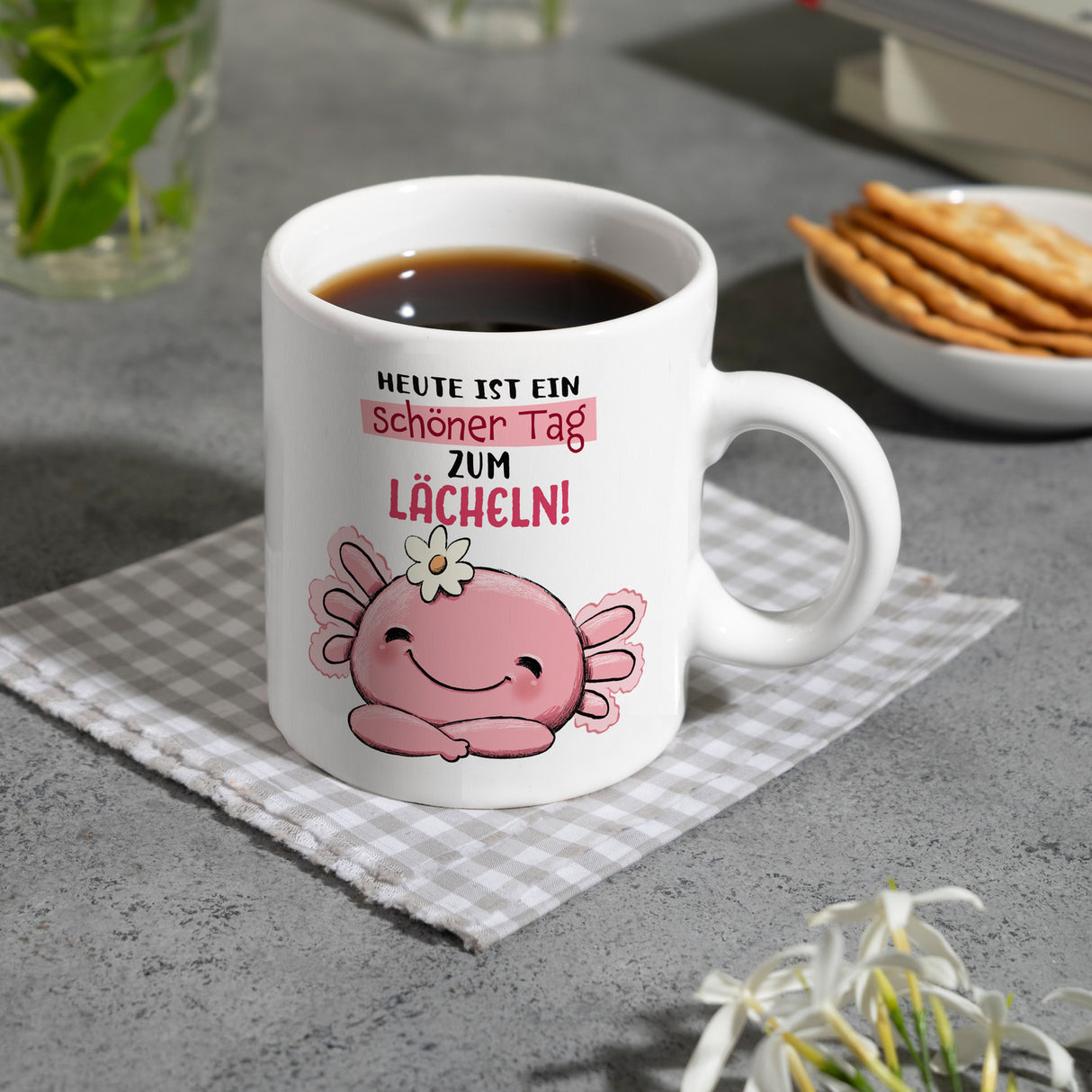 Axolotl Kaffeebecher mit Spruch Heute ist ein schöner Tag zum Lächeln